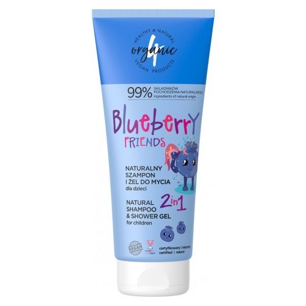 4organic naturalny szampon i żel do mycia dla dzieci 2w1 blueberry friends 200ml