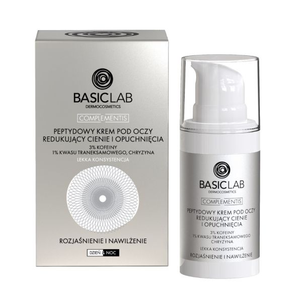 Basiclab complementis peptydowy krem pod oczy redukujący cienie i opuchnięcia z 3% kofeiny 1% kwasu traneksamowego chryzyną o lekkiej konsystencji roz