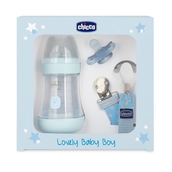 Chicco lovely baby boy zestaw butelka antykolkowa perfect 5 150ml + smoczek physioforma mini soft + tasiemka do smoczka