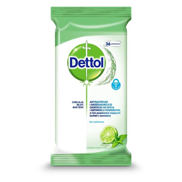 Dettol dettol chusteczki do mycia i dezynfekcji powierzchni antybakteryjne limonka i mięta 36 szt