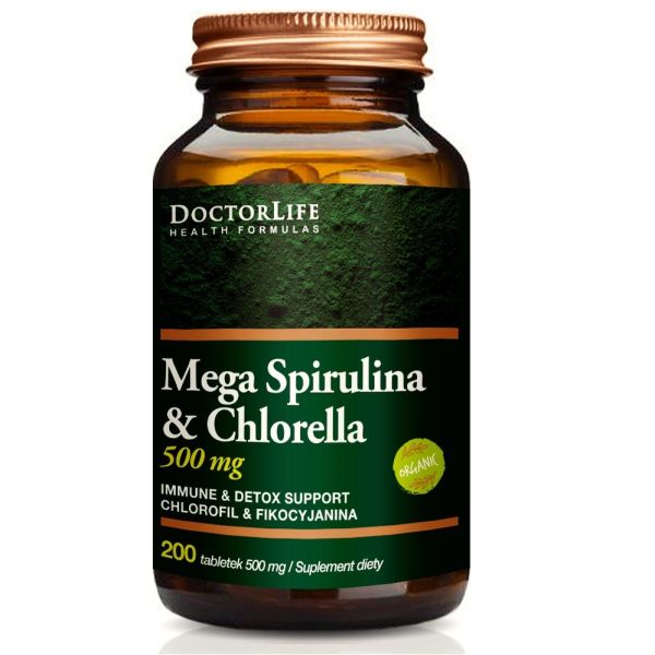 Doctor life mega spirulina & chlorella 500mg suplement diety 200 tabletek