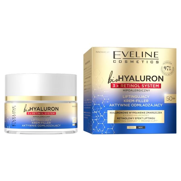 Eveline cosmetics biohyaluron 3 x retinol liftingujący krem-filler aktywnie odmładzający 50+ 50ml