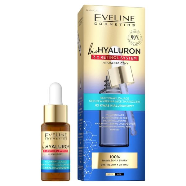 Eveline cosmetics biohyaluron 3 x retinol multinawilżające serum wypełniające zmarszczki 18ml
