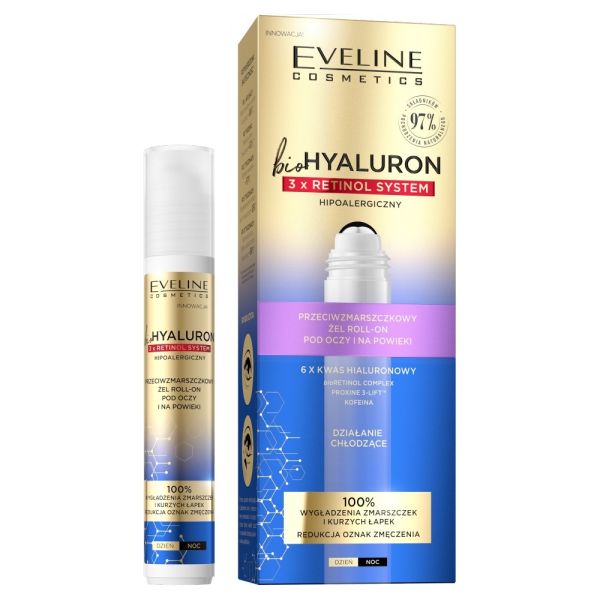Eveline cosmetics biohyaluron 3 x retinol przeciwzmarszczkowy żel roll-on pod oczy i na powieki 15ml