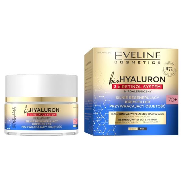 Eveline cosmetics biohyaluron 3 x retinol silnie regenerujący krem-filler przywracający objętość 70+ 50ml