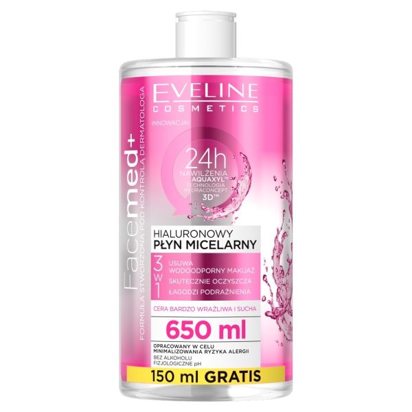 Eveline cosmetics facemed+ hialuronowy płyn micelarny 3w1 650ml
