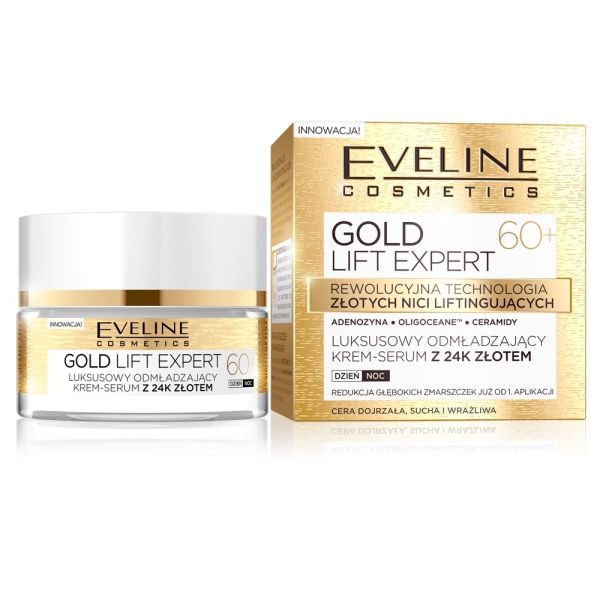 Eveline cosmetics gold lift expert 60+ luksusowy odmładzający krem-serum z 24k złotem dzień/noc 50ml