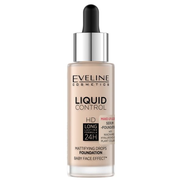 Eveline cosmetics liquid control hd long lasting formula 24h podkład do twarzy z dropperem 002 soft porcelain 32ml
