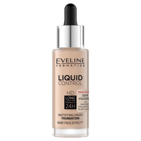 Eveline cosmetics liquid control hd long lasting formula 24h podkład do twarzy z dropperem 050 golden beige 32ml