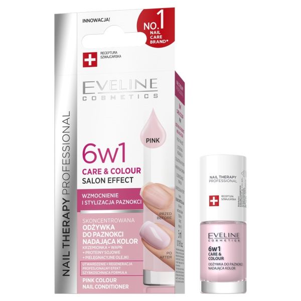 Eveline cosmetics therapy professional skoncentrowana odżywka do paznokci nadająca kolor 6w1 pink 5ml