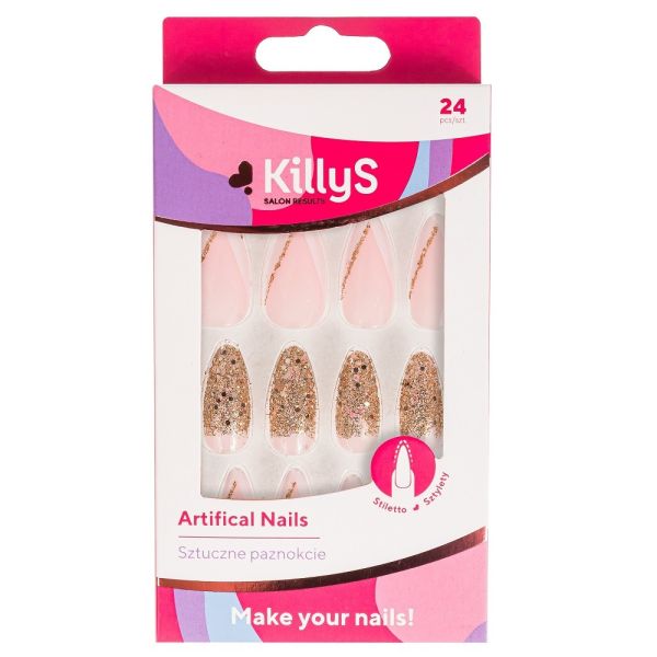 Killys artifical nails sztuczne paznokcie stiletto golden glitter french 24szt