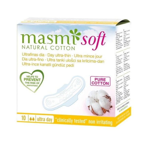 Masmi day ultra-thin pads ultracienkie podpaski na dzień ze skrzydełkami z bawełny organicznej soft 10 sztuk