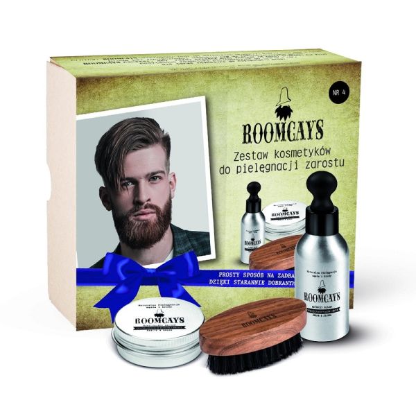Roomcays zestaw #4 kosmetyków dla mężczyzn olejek do brody 50ml + balsam do zarostu 30ml + szczotka do brody