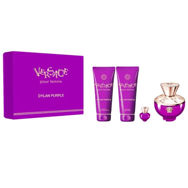 Versace dylan purple pour femme zestaw woda perfumowana spray 100ml + balsam do ciała 100ml + żel pod prysznic 100ml + miniatura wody perfumowanej 5ml
