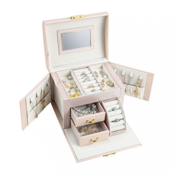Ecarla szkatułka kuferek na biżuterię z lusterkiem i szufladką pudrowy róż
