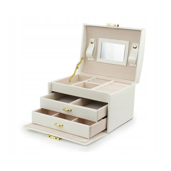 Ecarla szkatułka kuferek na biżuterię z lusterkiem i szufladkami kremowa