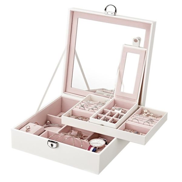 Ecarla szkatułka kuferek na biżuterię z lusterkiem i wkładką kremowa